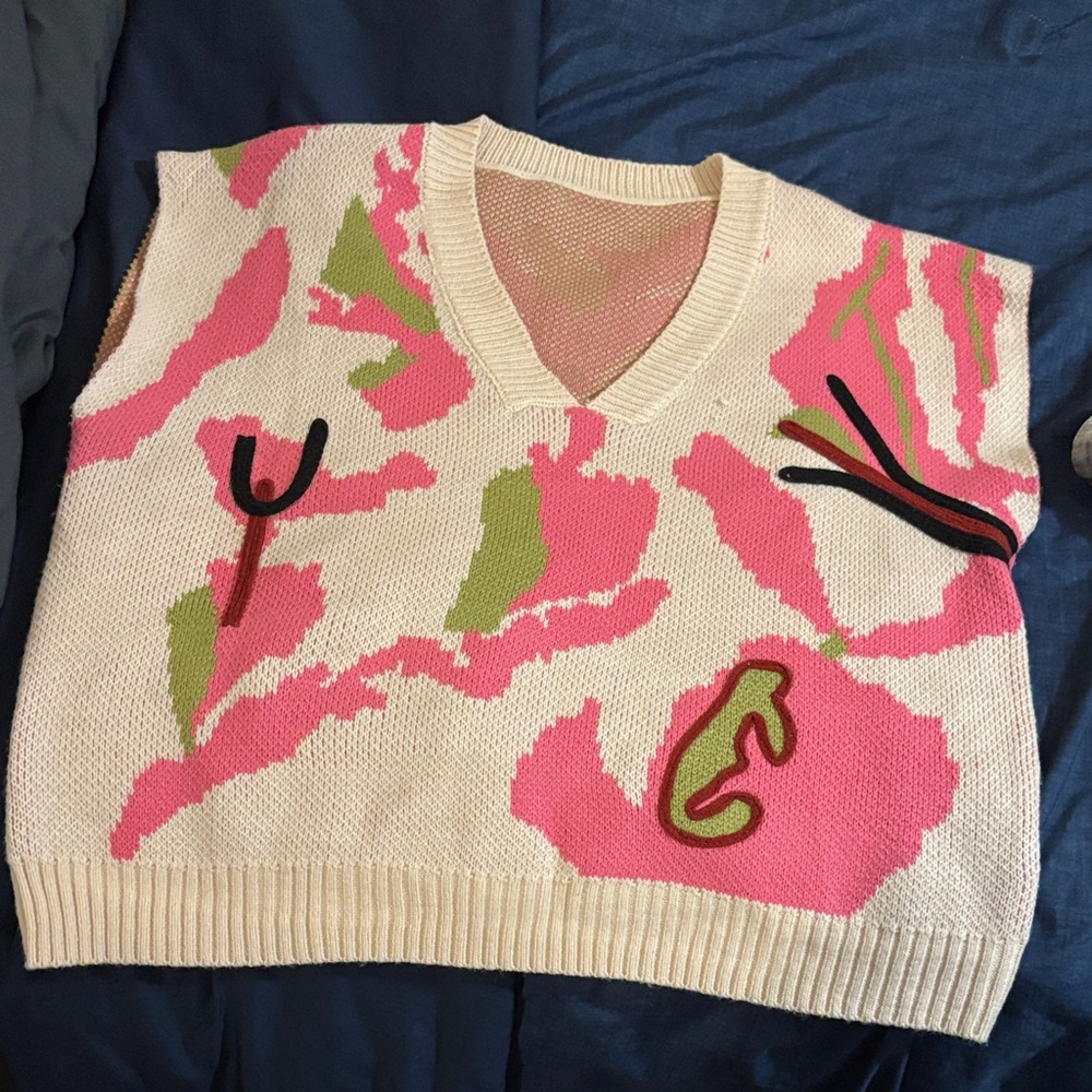 SHEIN Pink and Green V-Neck Sweater Vest